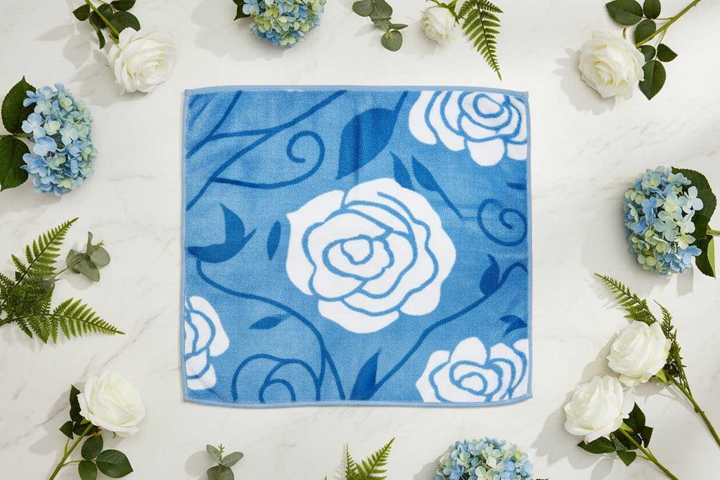 Microfiber Hand Towel | Sky Blue & White Rose Floral Print | Ultra Soft & Quick Dry (Set of 3 Pcs)