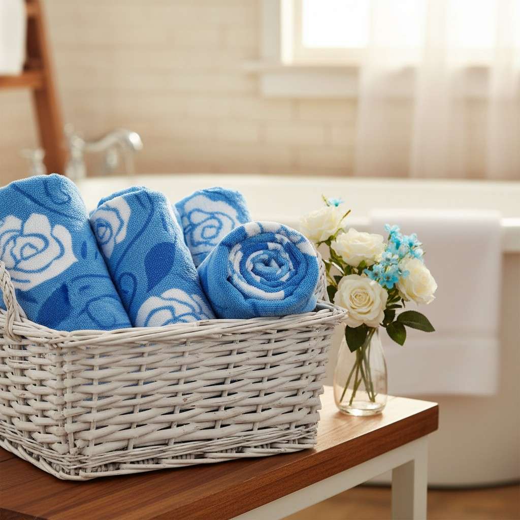 Microfiber Hand Towel | Sky Blue & White Rose Floral Print | Ultra Soft & Quick Dry (Set of 3 Pcs)