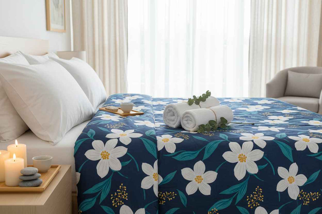Navy Floral Bedsheet – Double Bed | White Hibiscus Print