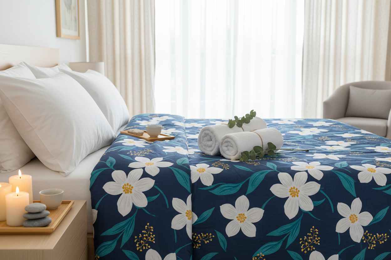 Navy Floral Bedsheet – Double Bed | White Hibiscus Print