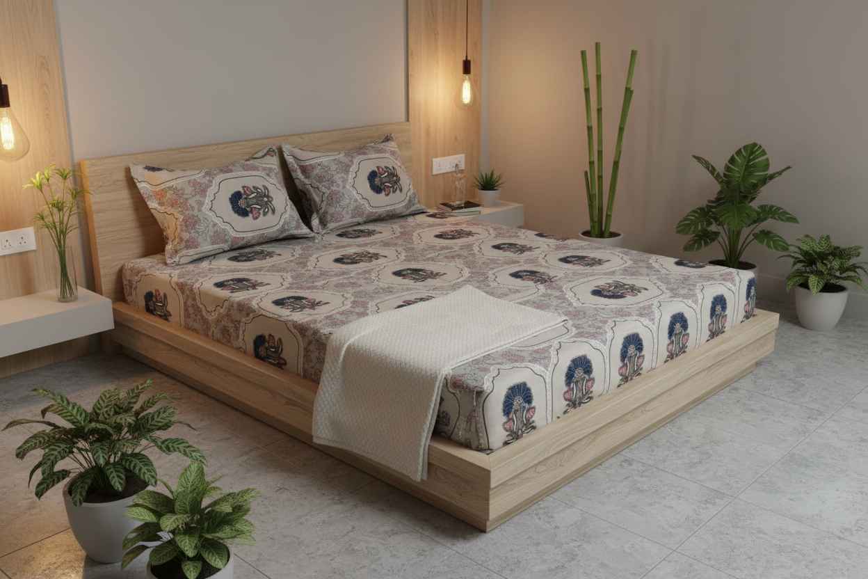Double Bed Bedsheet – Mughal Floral Print | Beige & Indigo