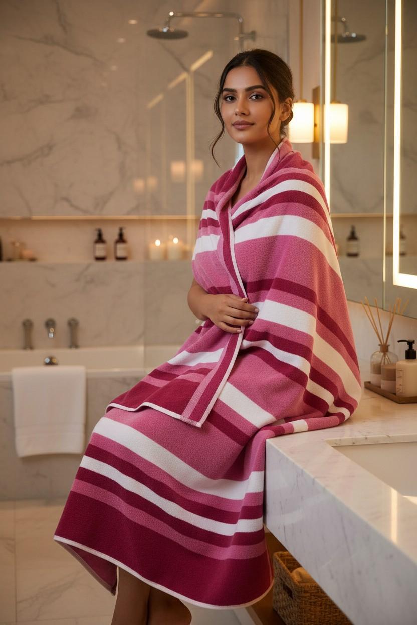 Bath Towel | Dark Magenta Pink Stripes | Super Absorbent | Unisex
