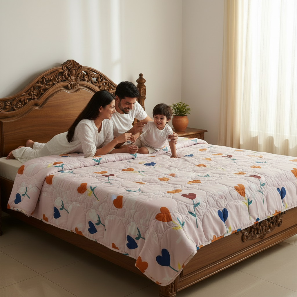 Summer Comforter Heart Floral Double Bed  | Blue & Orange Quilted Bedding