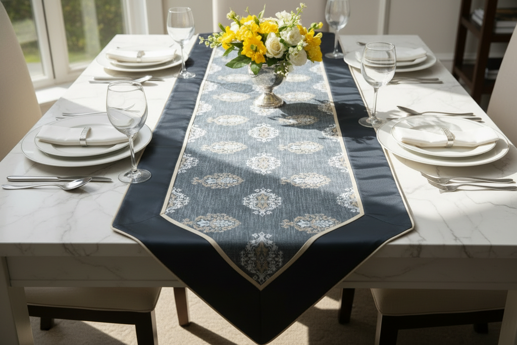 Royal Medallion Silk Table Runner | Navy Blue Jacquard with Satin Silk Finish