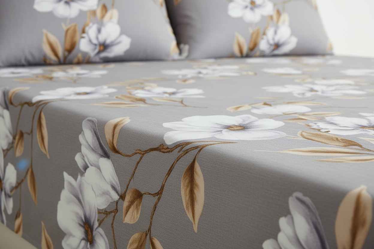 Floral Printed Bedsheet | Soft Cotton | White with Yellow & Pink Blooms