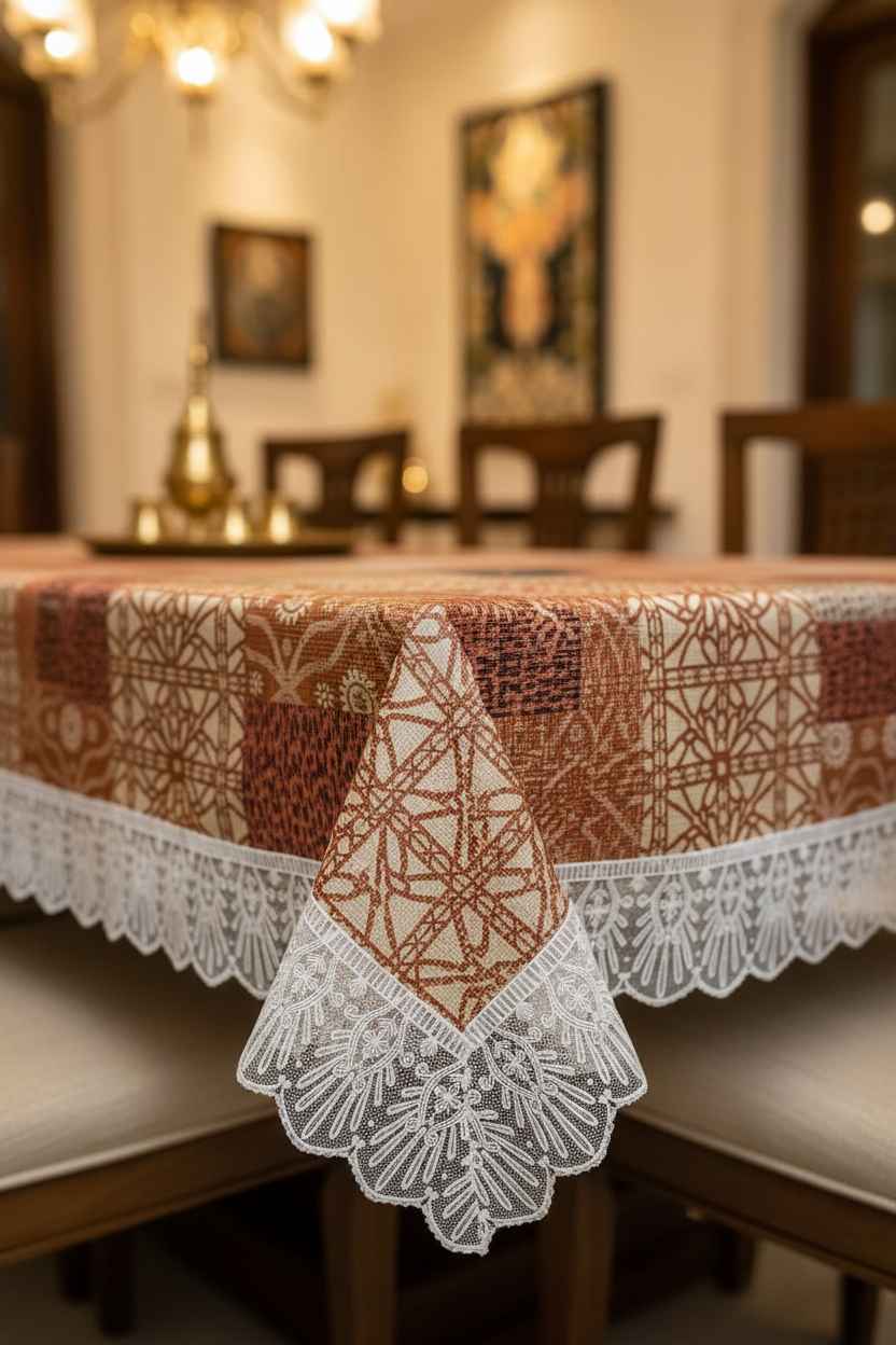 Patchwork Lace Border Table Cover | Brown & Cream