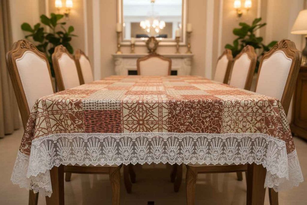 Patchwork Lace Border Table Cover | Brown & Cream