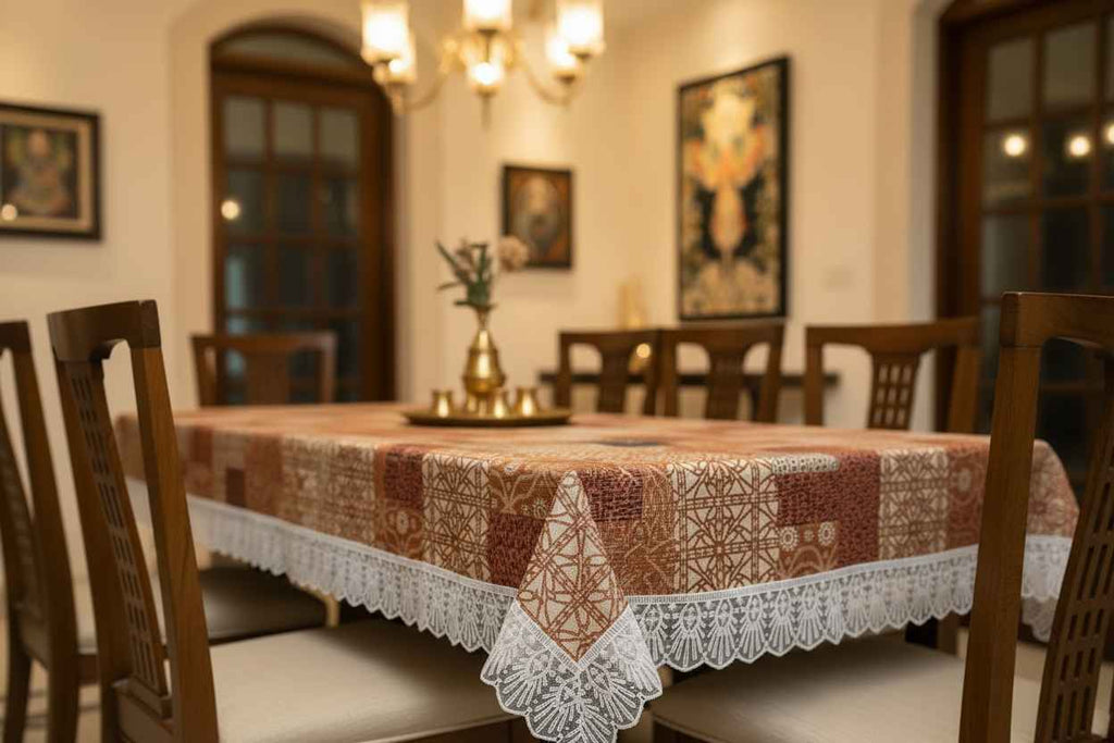 Patchwork Lace Border Table Cover | Brown & Cream
