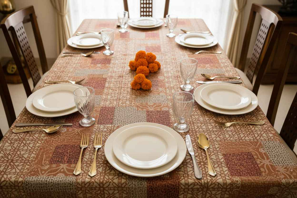 Patchwork Lace Border Table Cover | Brown & Cream