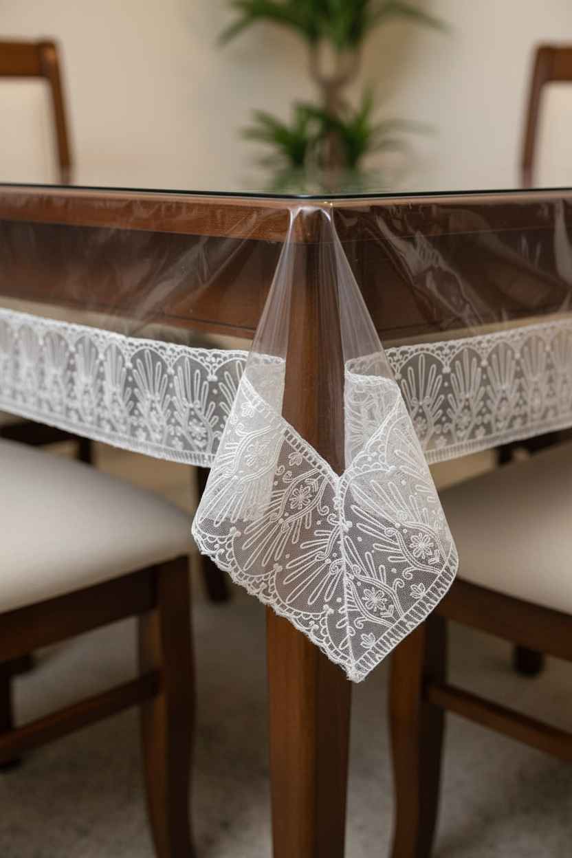 Transparent PVC Table Cover with Lace Border