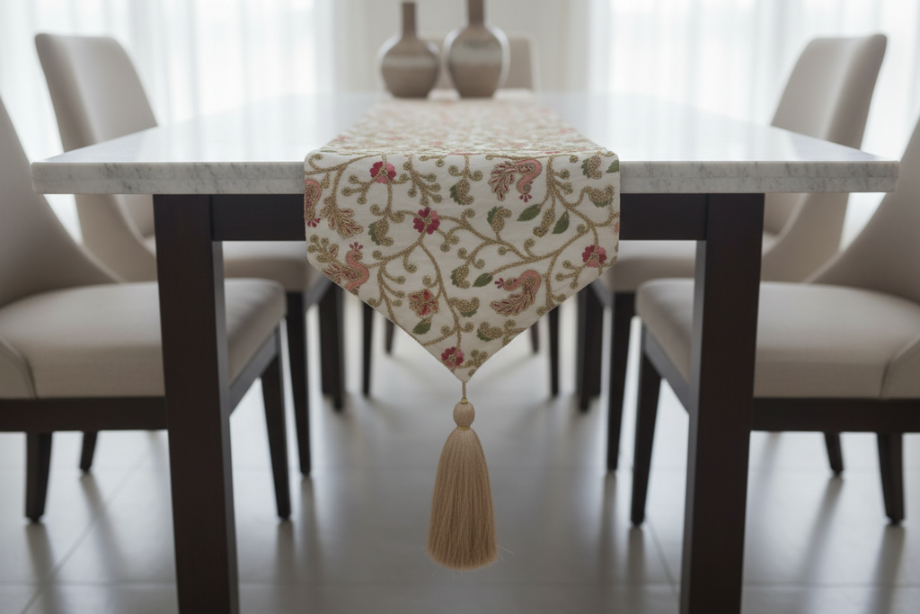 Embroidered Floral Table Runner with Tassel Ends