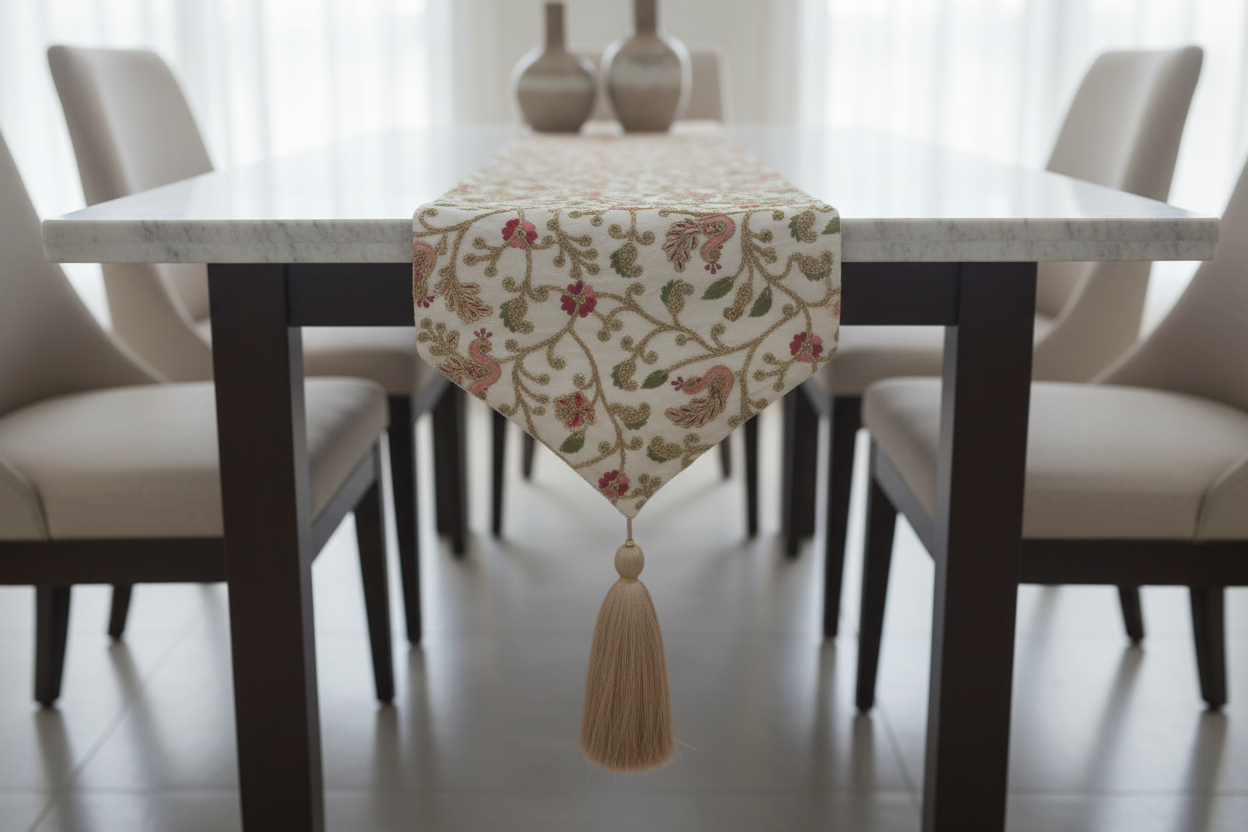 Embroidered Floral Table Runner with Tassel Ends