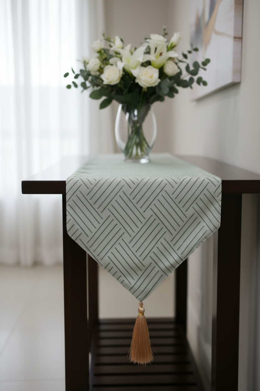 Mint Green Foil Lines Table Runner with Silk Tassel