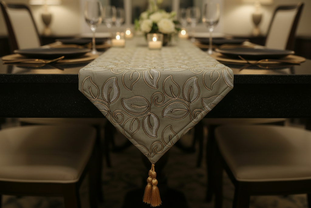 Embroidered Leaf Table Runner | Gold & Sage Green | Luxury Dining Décor silk fabric