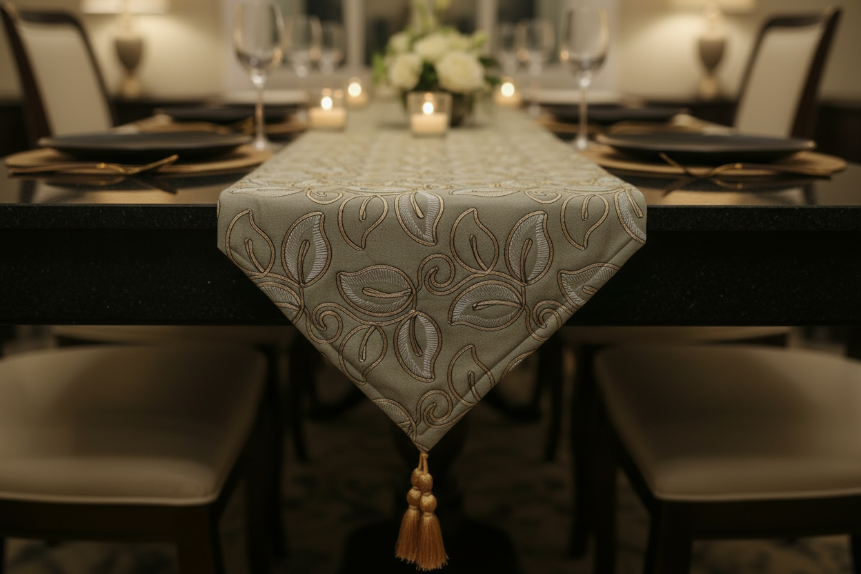 Embroidered Leaf Table Runner | Gold & Sage Green | Luxury Dining Décor silk fabric