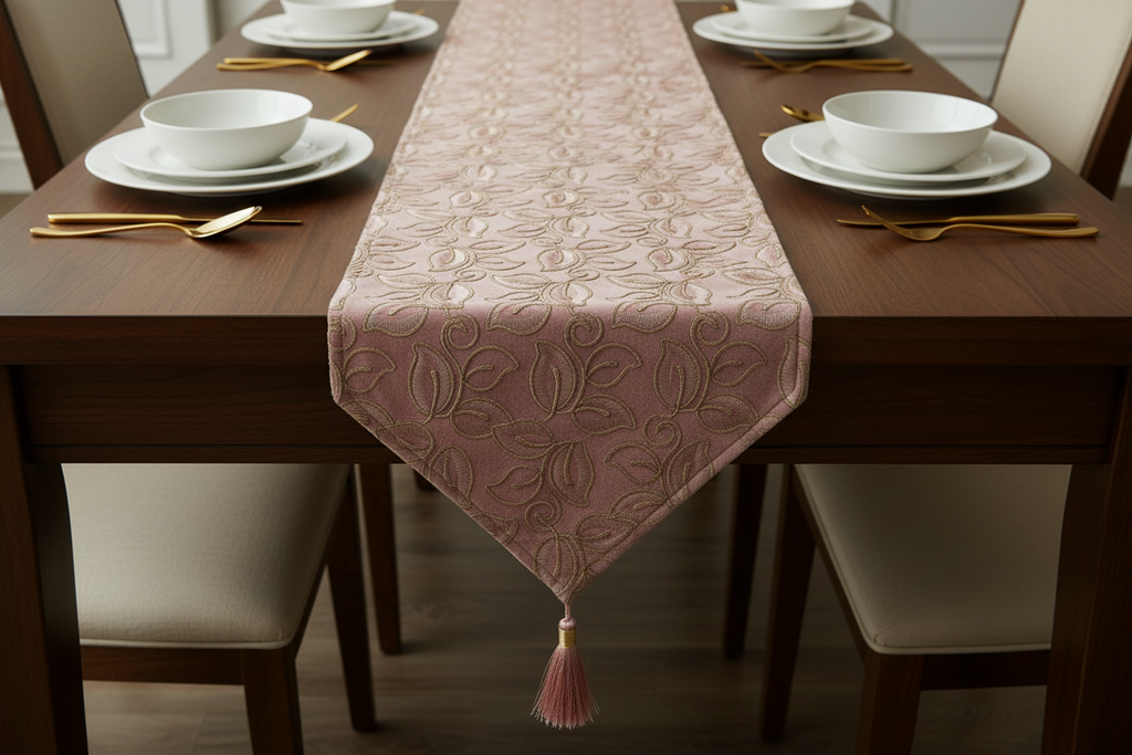 Pink Floral Embroidered Table Runner with Gold Zari & Silk Tassel