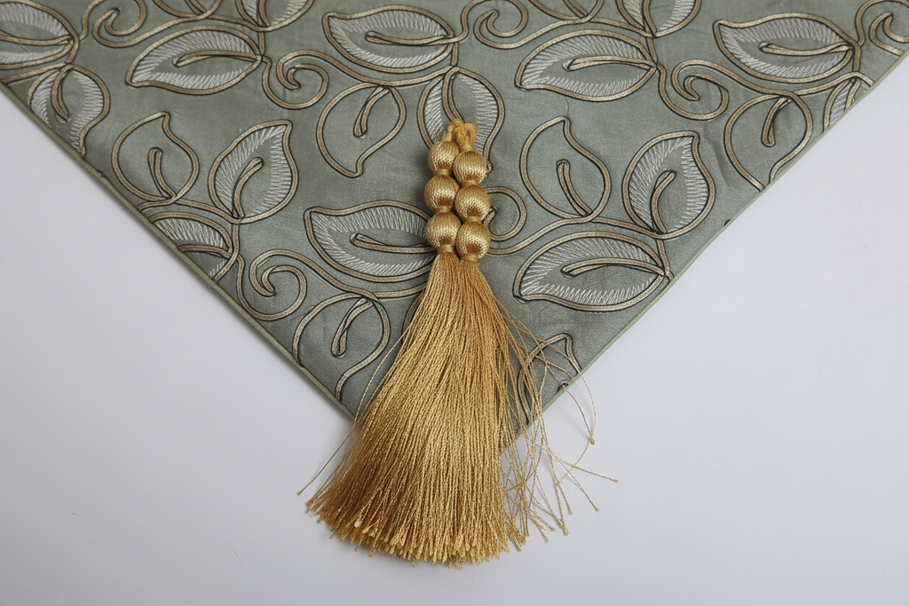 Embroidered Leaf Table Runner | Gold & Sage Green | Luxury Dining Décor silk fabric