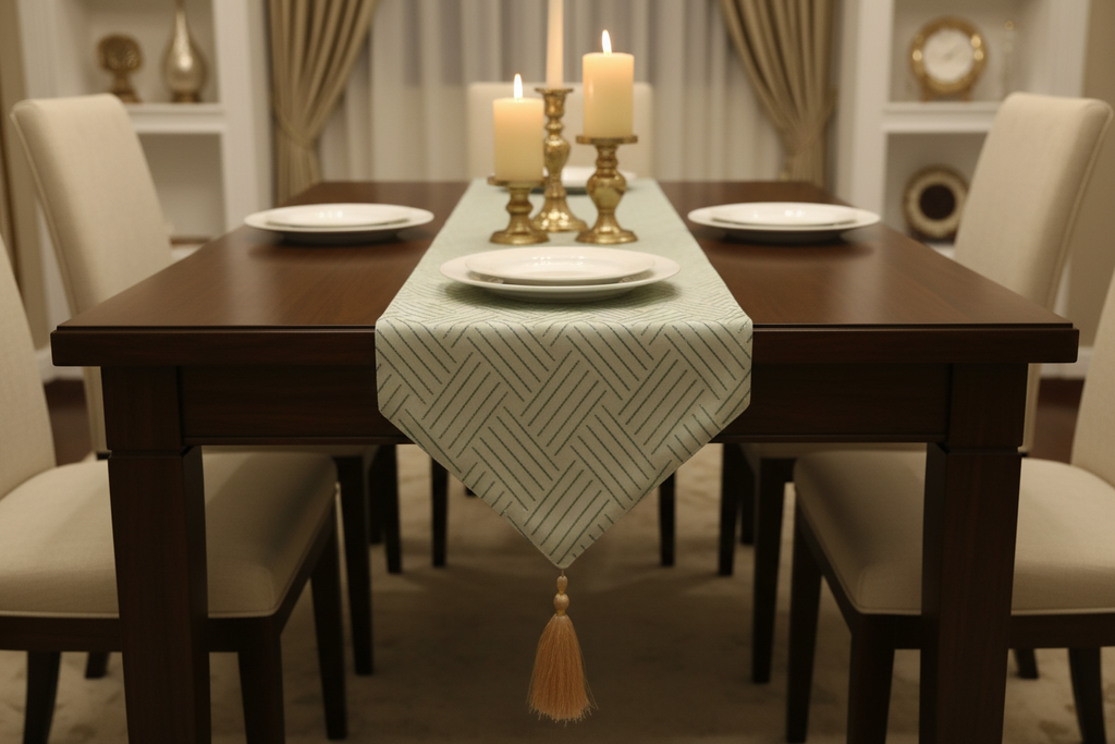 Mint Green Foil Lines Table Runner with Silk Tassel