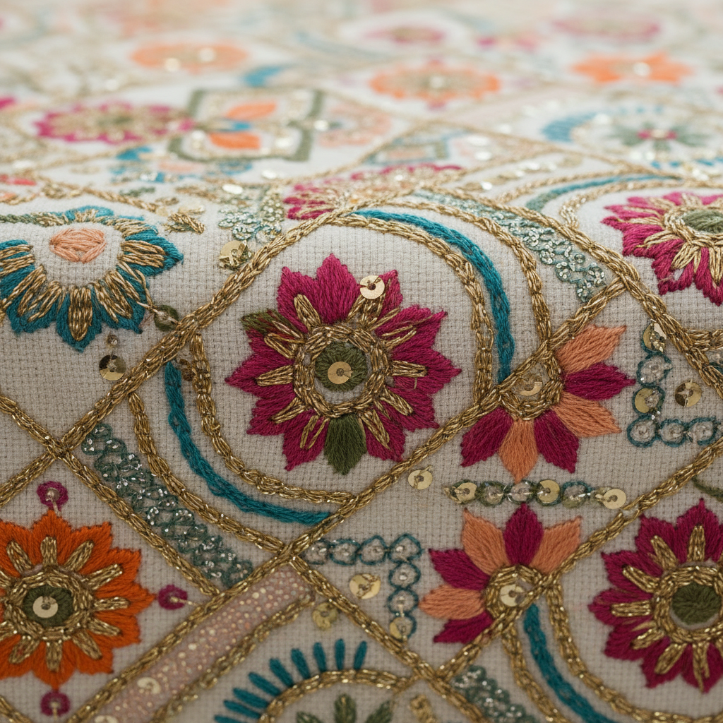 Silk With Hand Embroidery Satrangi Floral Table Runner with Gold Tassels