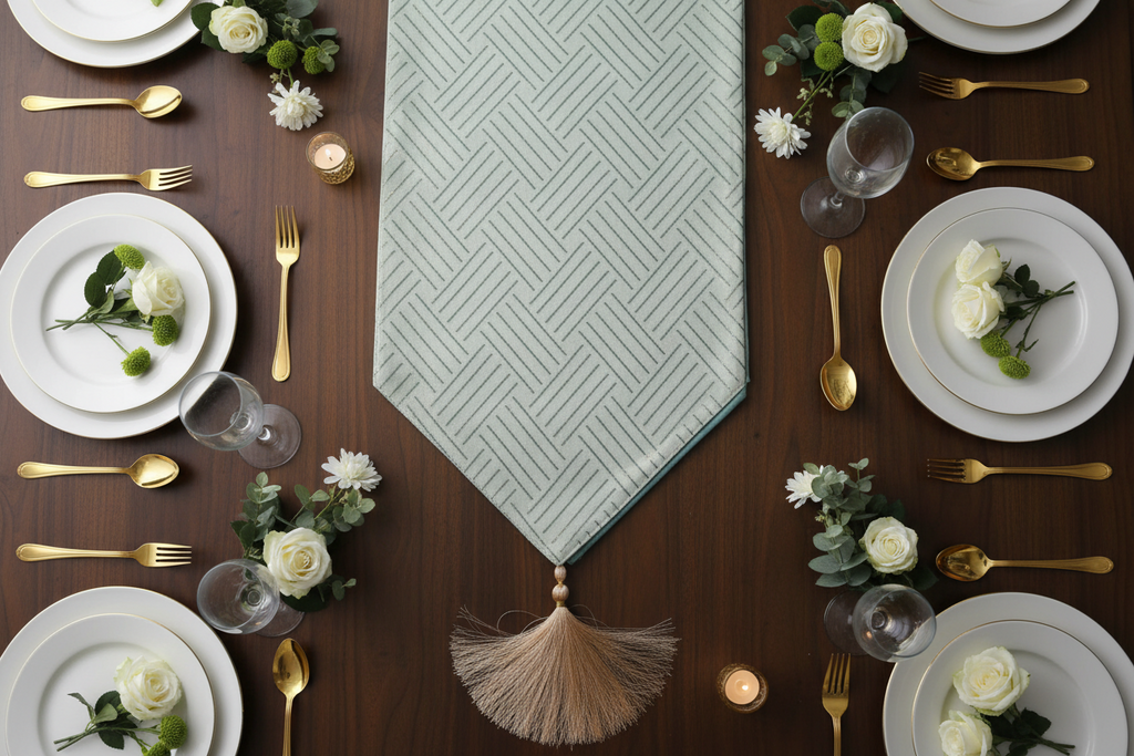 Mint Green Foil Lines Table Runner with Silk Tassel