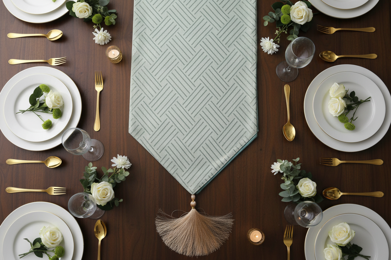Mint Green Foil Lines Table Runner with Silk Tassel