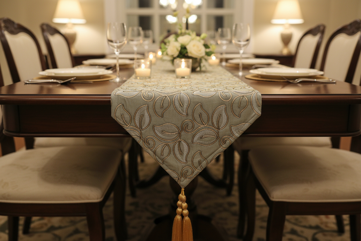 Embroidered Leaf Table Runner | Gold & Sage Green | Luxury Dining Décor silk fabric
