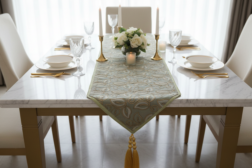 Embroidered Leaf Table Runner | Gold & Sage Green | Luxury Dining Décor silk fabric