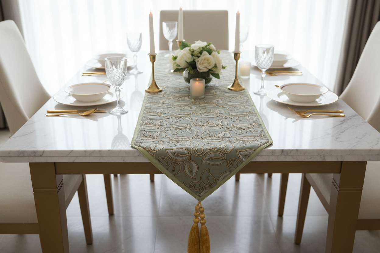 Embroidered Leaf Table Runner | Gold & Sage Green | Luxury Dining Décor silk fabric
