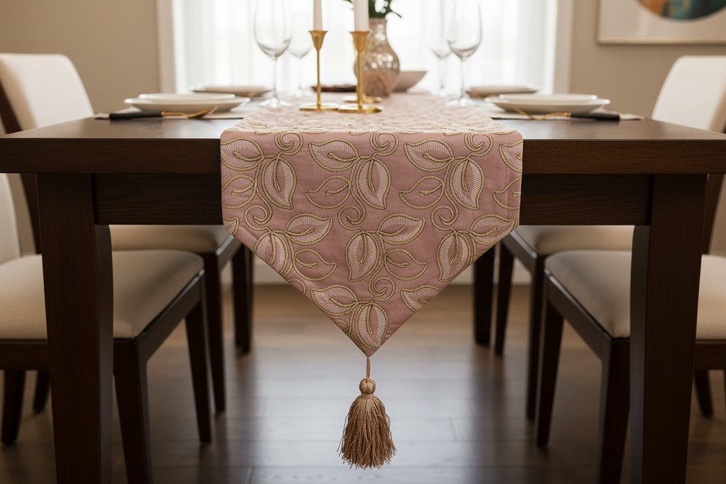 Pink Floral Embroidered Table Runner with Gold Zari & Silk Tassel