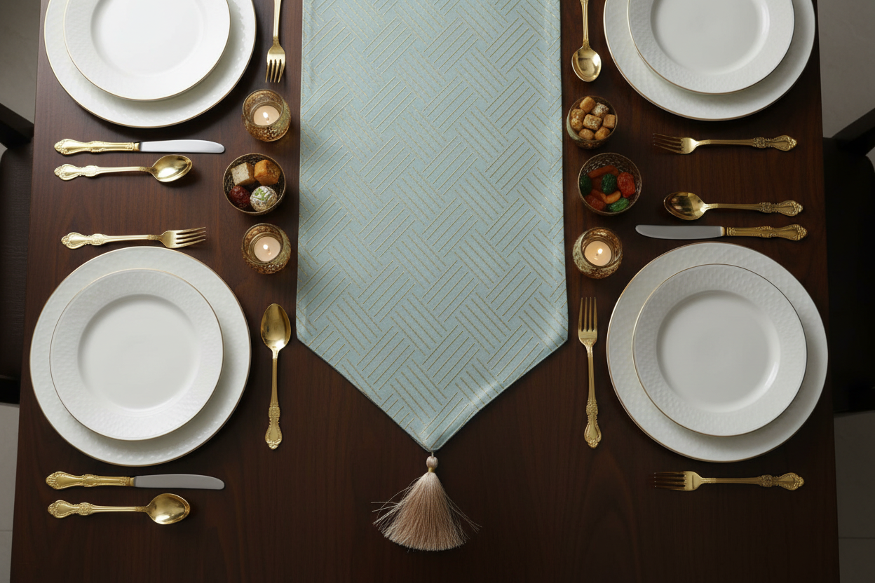 Mint Green Foil Lines Table Runner with Silk Tassel