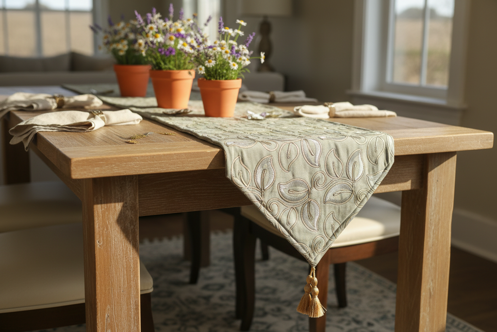Embroidered Leaf Table Runner | Gold & Sage Green | Luxury Dining Décor silk fabric