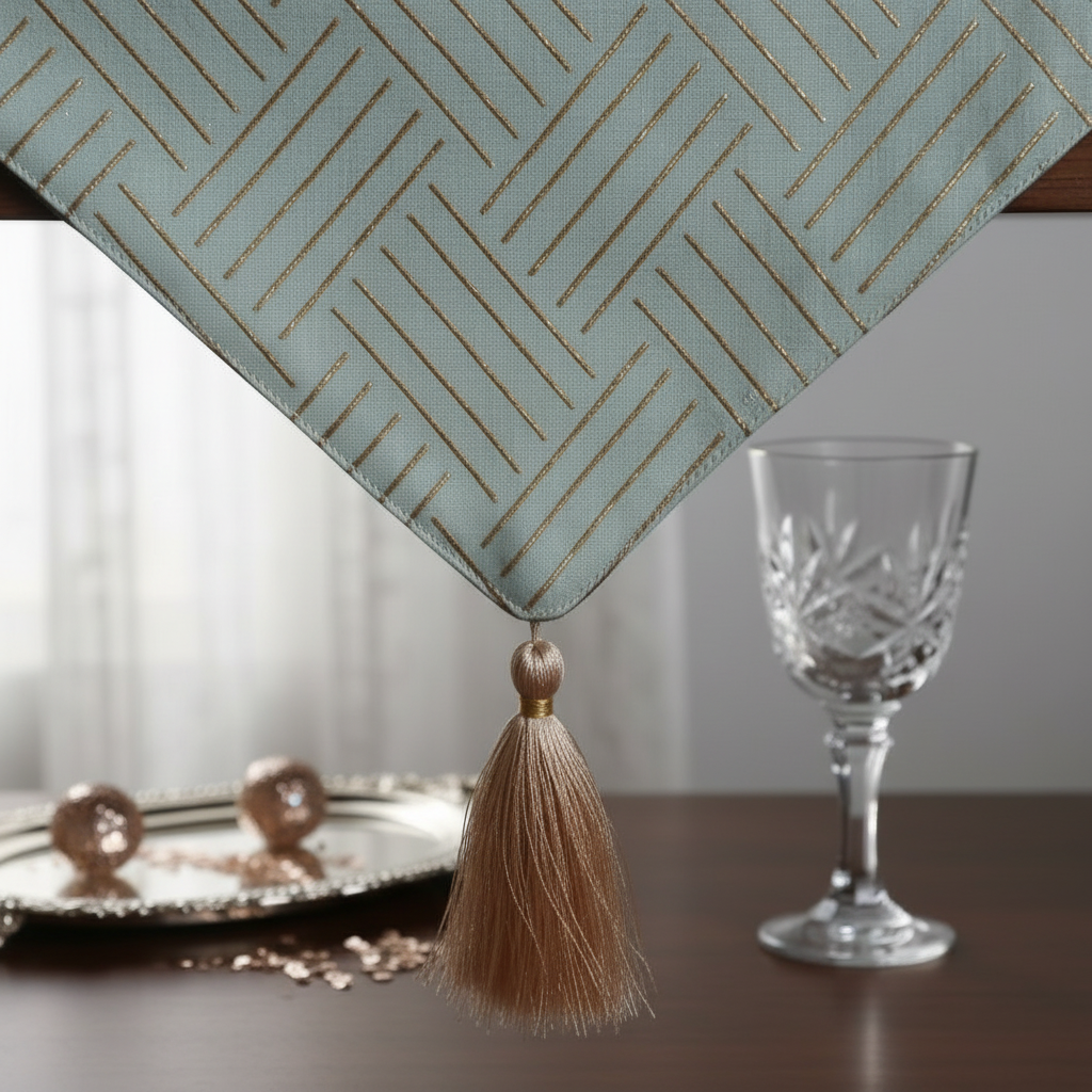 Mint Green Foil Lines Table Runner with Silk Tassel