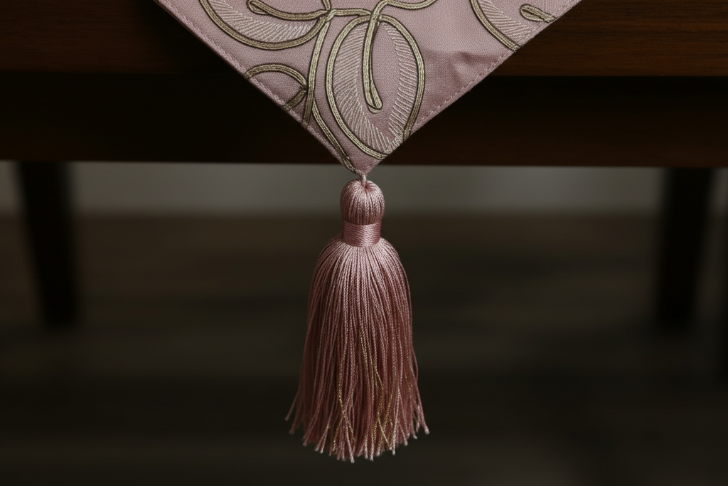 Pink Floral Embroidered Table Runner with Gold Zari & Silk Tassel