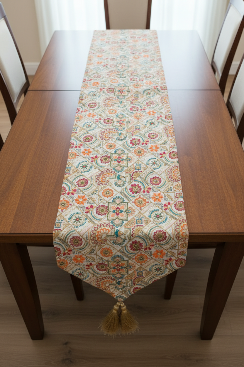 Silk With Hand Embroidery Satrangi Floral Table Runner with Gold Tassels
