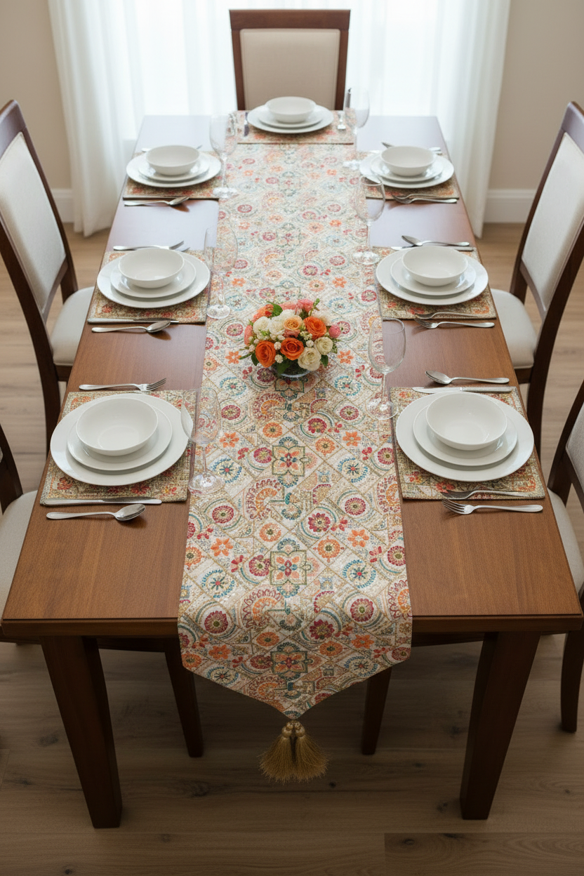 Silk With Hand Embroidery Satrangi Floral Table Runner with Gold Tassels