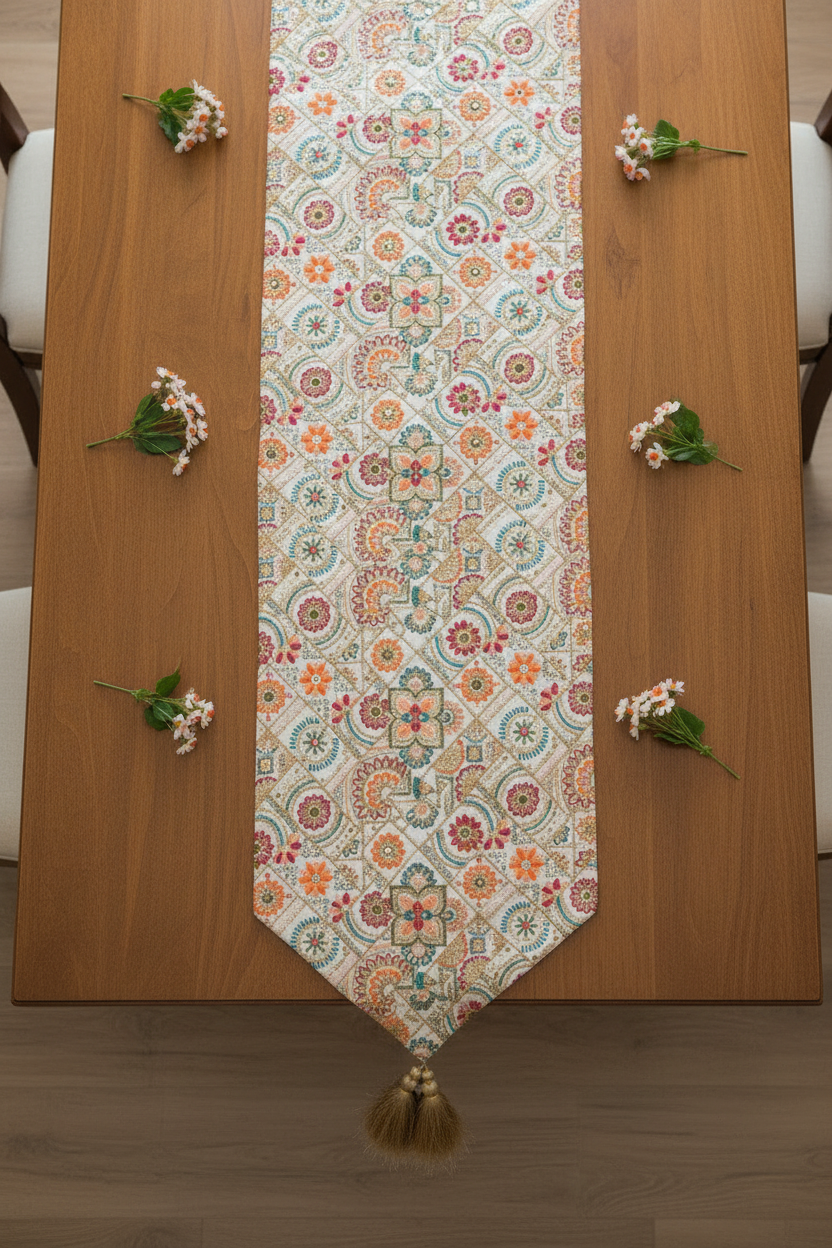 Silk With Hand Embroidery Satrangi Floral Table Runner with Gold Tassels