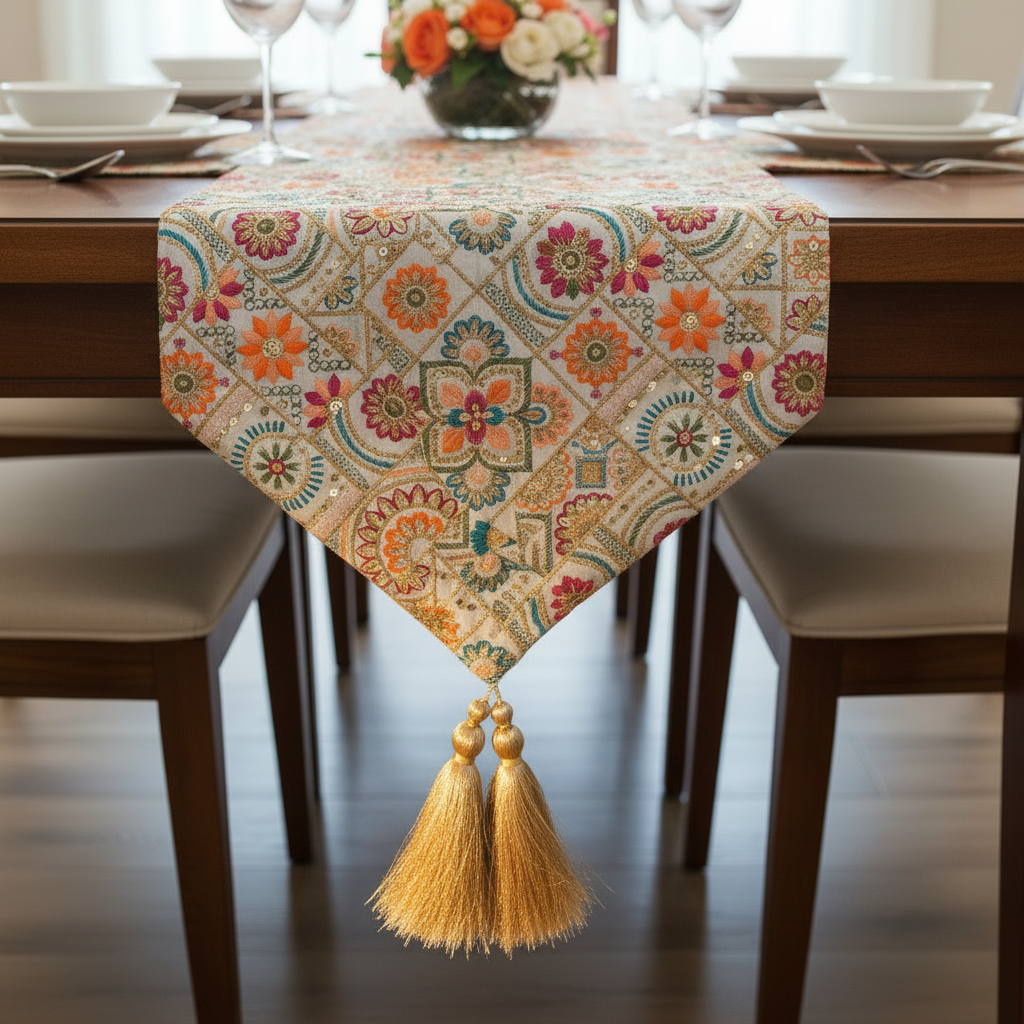 Silk With Hand Embroidery Satrangi Floral Table Runner with Gold Tassels