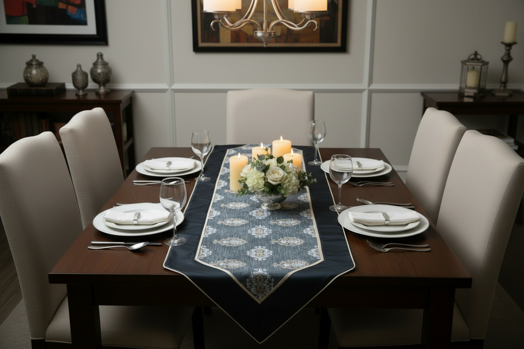 Royal Medallion Silk Table Runner | Navy Blue Jacquard with Satin Silk Finish