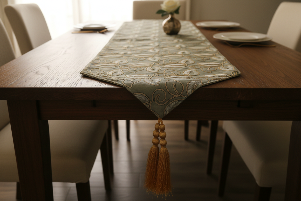 Embroidered Leaf Table Runner | Gold & Sage Green | Luxury Dining Décor silk fabric