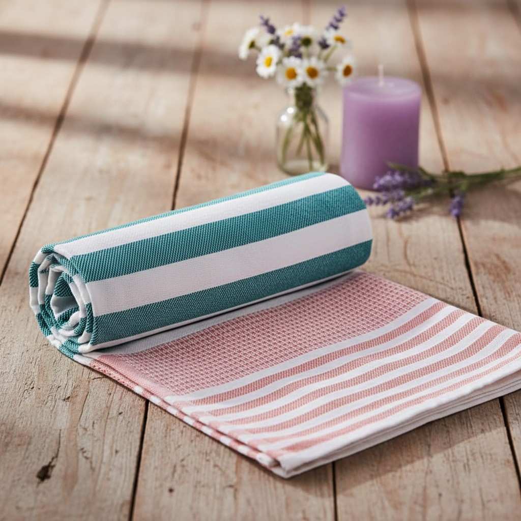 100% Cotton Peach & White Striped Waffle Bath Towel | Soft & Absorbent