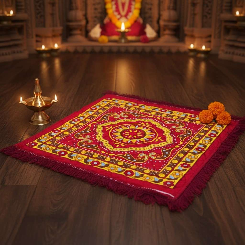Puja Aasan | Velvet Quilted Sitting Mat | 24x24 Inch | Multicolour Set of 3 Pcs