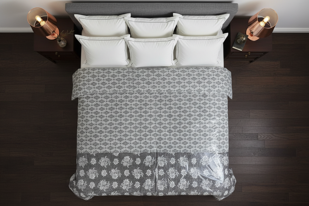100% Pure Cotton King Size Bedsheet Set | Grey White Geometric Diamond Pattern | 108x108 Inches