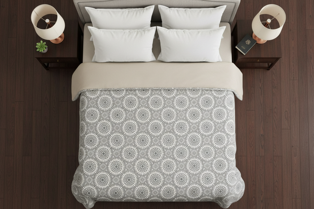100% Pure Cotton King Size Bedsheet Set | Grey White Mandala Geometric Pattern | 108x108 Inches
