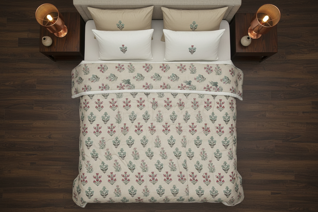 Summer Dohar Double Bed | Pink Teal Floral Bell Pattern 100% Cotton