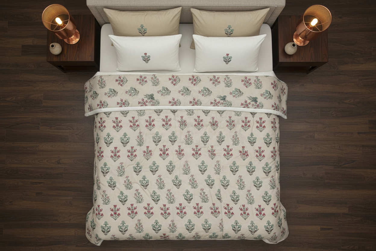 Summer Dohar Double Bed | Pink Teal Floral Bell Pattern 100% Cotton