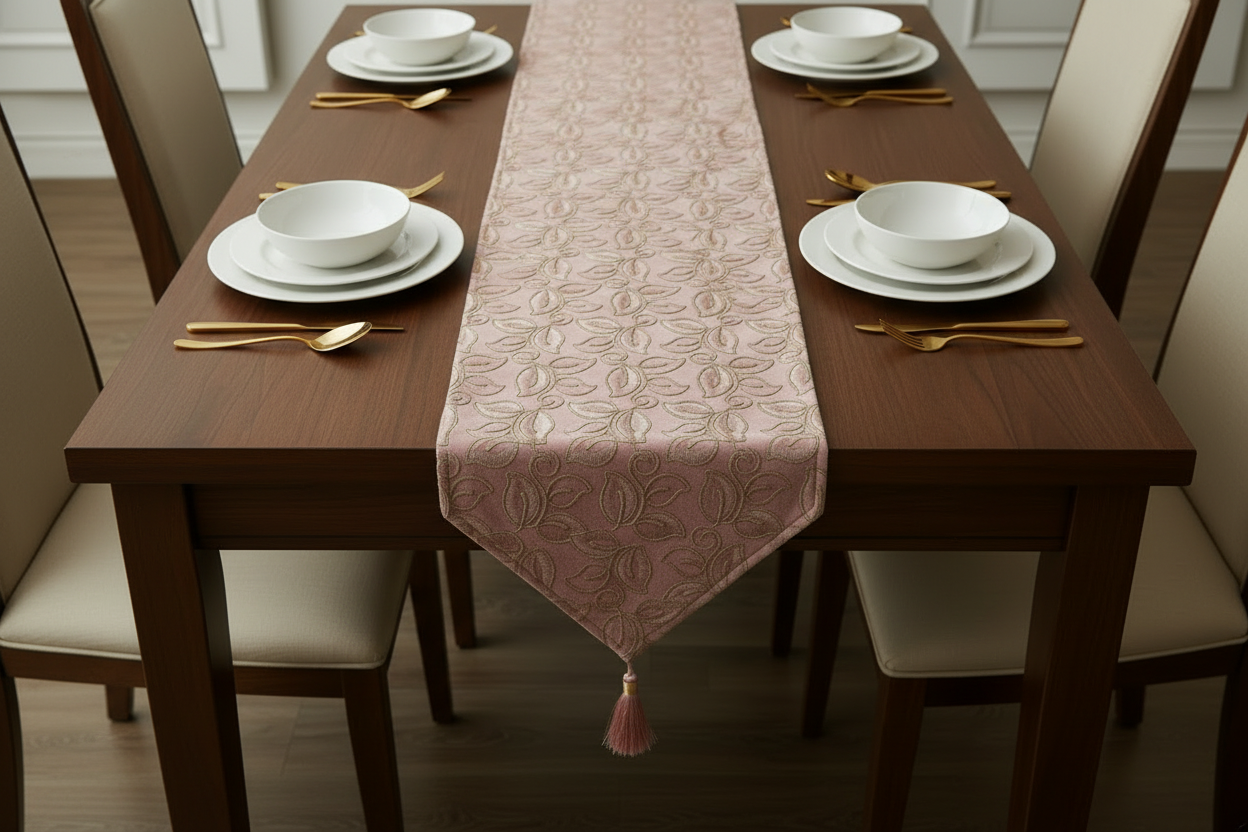 Pink Floral Embroidered Table Runner with Gold Zari & Silk Tassel