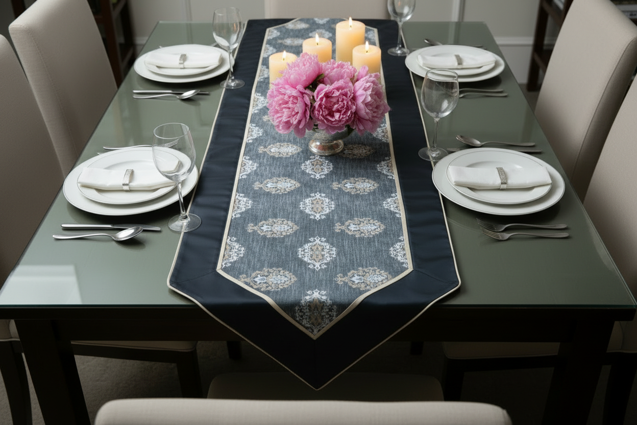 Royal Medallion Silk Table Runner | Navy Blue Jacquard with Satin Silk Finish