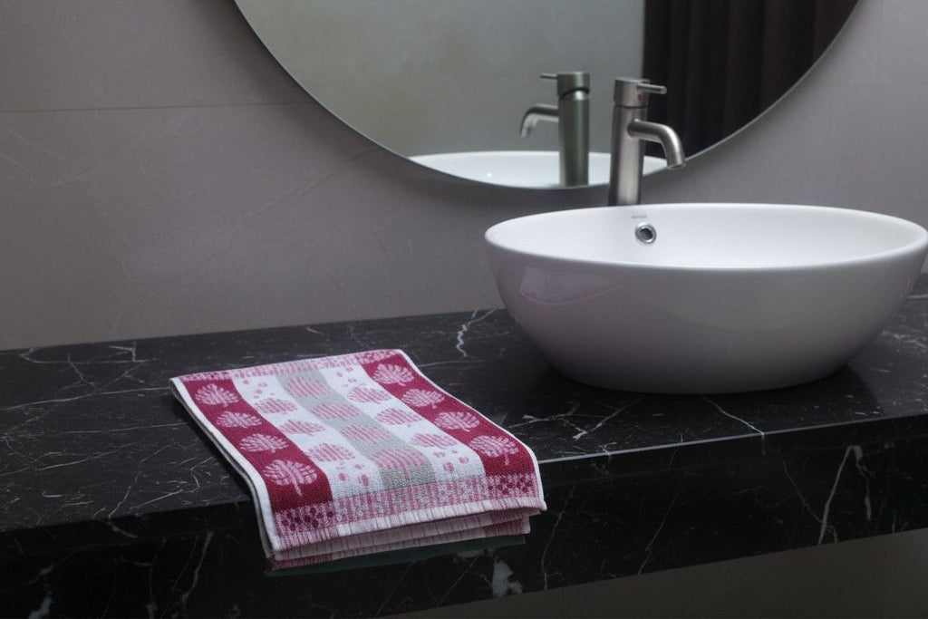 Hand Towel Block Print  – Burgundy & Pink Monstera Leaf | Set of 3