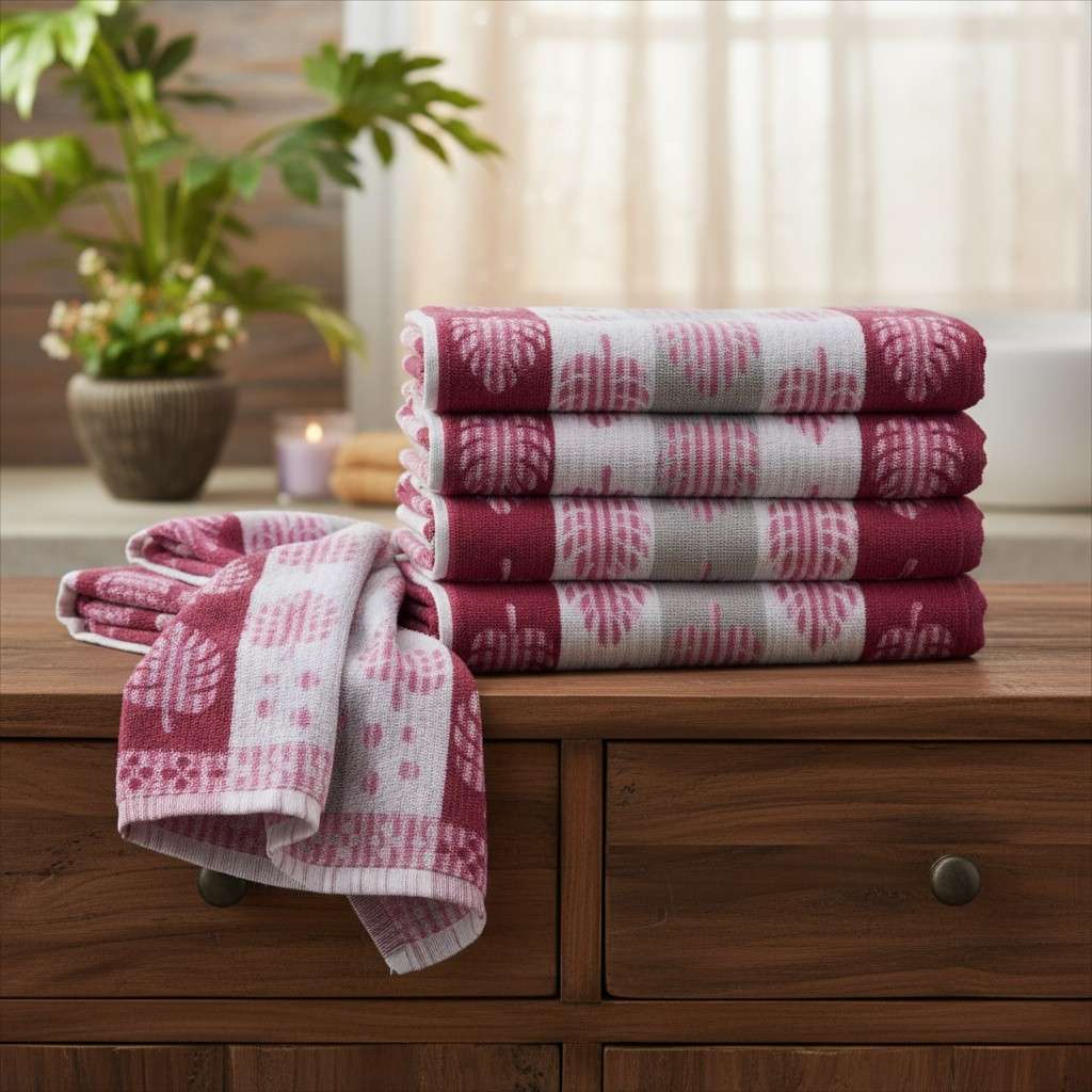 Hand Towel Block Print  – Burgundy & Pink Monstera Leaf | Set of 3