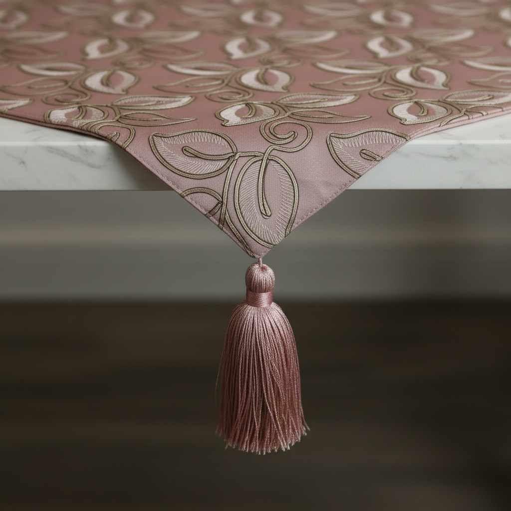 Pink Floral Embroidered Table Runner with Gold Zari & Silk Tassel